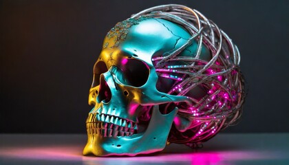 Side view, skull braided with copper wires.