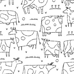 Stylish Ethnic Cows family on meadow. Seamless pattern background. Vector Illustration