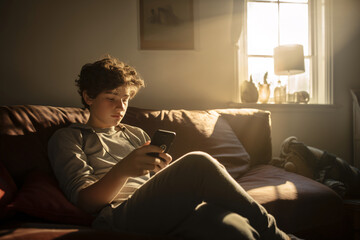 Obraz premium A teenage boy looking at his phone while sitting on the sofa