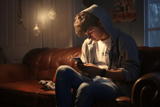 A teenage boy looking at his phone while sitting on the sofa
