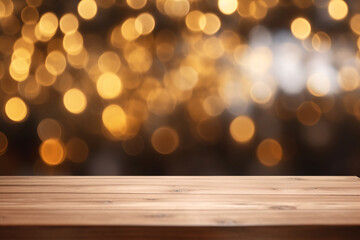 Wooden tabletop in the front. Product mockup, abstract blur bokeh banner background. Silver bokeh on defocused silver background