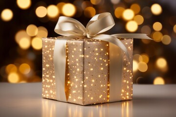 Elegant gift box with white exterior and red ribbon against mesmerizing festive lights