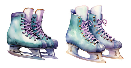 Christmas skates watercolor clipart illustration with isolated background.