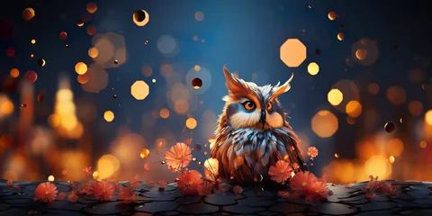 Poster A short-eared owl sits on a branch and looks, with a bokeh in the background. Cute animals concept. AI generated. © Czintos Ödön