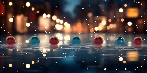 Fototapeta na wymiar Christmas background with street atmosphere and christmas balls and bokeh with copy space. Holiday wallpaper concept. AI generated.