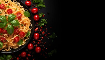 Italian spaghetti pasta with tomato sauce on dark plate, top view with copy space for text placement