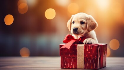 Labrador puppy in gift box, enchanting holiday backdrop, bright photo with text placement space - obrazy, fototapety, plakaty