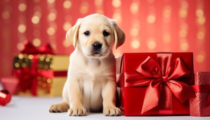 Labrador puppy in gift box with festive holiday backdrop   bright photo with text space
