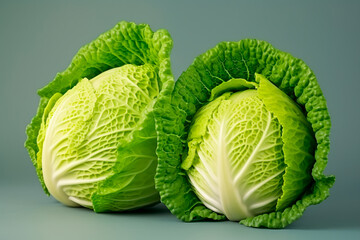 Obraz premium Head of round cabbage on a black background. Two fresh and green cabbage heads. Green vegetable on a dark background