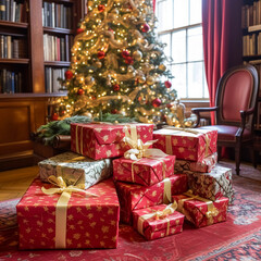 Fototapeta na wymiar Christmas gifts, happy holidays and holiday celebration, wrapped gift boxes, presents and decorated Christmas tree, generative ai