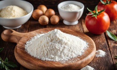 Flour on a wooden board. Cooking Kitchen background