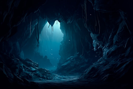 Creepy black cave in the middle of the forest. Eerie atmosphere inside the dark cave. Beams of light piercing through the darkness of the cave