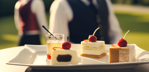 Naklejka na ściany i meble Luxury food service, desserts by a waiter at a wedding celebration or formal event in classic English style at luxurious hotel or country estate, generative ai