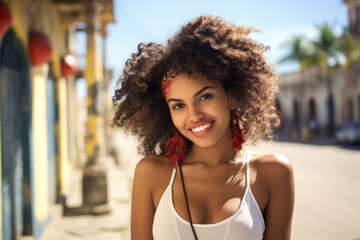 Smiling beautiful young tropical woman posing looking at the camera