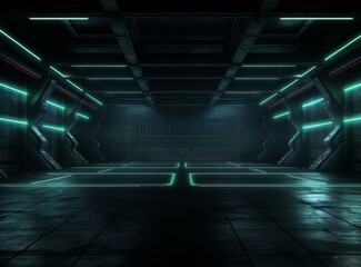 Empty underground warehouse garage with neon green led laser light. Sci Fi cyber dark room - glowing studio stage with reflective floor. Futuristic spaceship corridor or hangar with gate. - obrazy, fototapety, plakaty