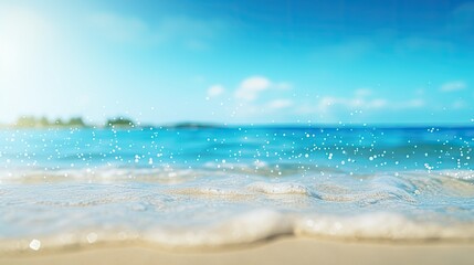 Obraz premium Beautiful background image of tropical beach. Bright summer sun over the ocean. Blue sky with light clouds, turquoise ocean with surf and clear white sand
