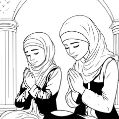 2 muslim girls praying coloring page