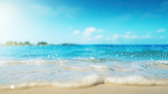 Beautiful background image of tropical beach. Bright summer sun over the ocean. Blue sky with light clouds, turquoise ocean with surf and clear white sand