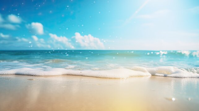 Beautiful background image of tropical beach. Bright summer sun over the ocean. Blue sky with light clouds, turquoise ocean with surf and clear white sand
