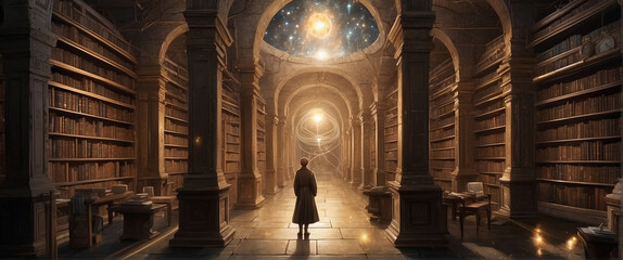A cosmic library at the edge of the universe, where sentient books whisper ancient secrets, and ethereal librarians guide visitors through the corridors of infinite knowledge - AI Generative - obrazy, fototapety, plakaty