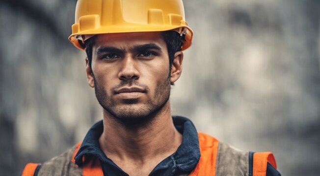 portrait of a construction worker, hard worker at work, portrait of a man with helmet, hard worker