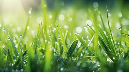 Fototapeta premium beautiful wide-format photo of green grass close-up in an early spring or summer morning 