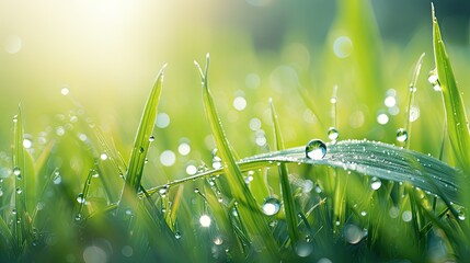  beautiful wide-format photo of green grass close-up in an early spring or summer morning 