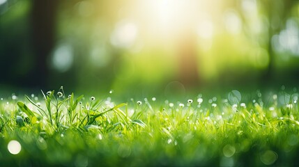  beautiful wide-format photo of green grass close-up in an early spring or summer morning  - obrazy, fototapety, plakaty