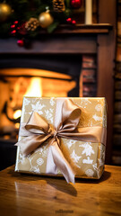 Christmas gift box near cosy fireplace in the English country cottage, winter holidays, boxing day celebration and holiday shopping