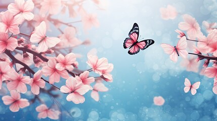 Branch of the blossoming sakura and three butterflies - obrazy, fototapety, plakaty