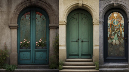An old green door in a building and flowers on the side - AI Generative