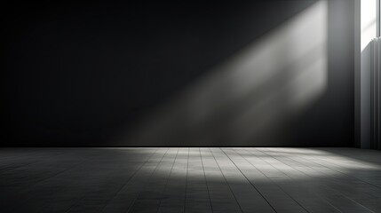empty black room with wooden floor and light glare for product display