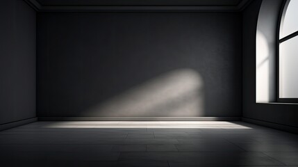 empty black room with wooden floor and light glare for product display - obrazy, fototapety, plakaty