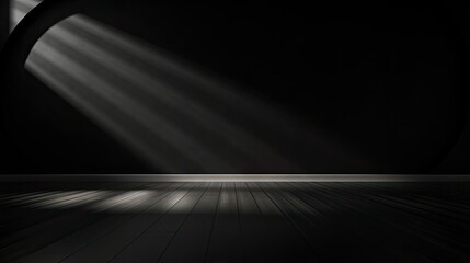 empty black room with wooden floor and light glare for product display - obrazy, fototapety, plakaty