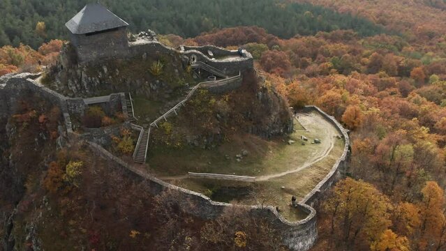 Beautiful Drone video of Holloko Castle in autumn, Hungary, 4K Drone Flying Around The Ruins Of The Castle Of