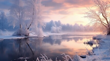 Frozen river or lake. Winter morning sunrise background. Beautiful winter panorama with fresh powder white snow 