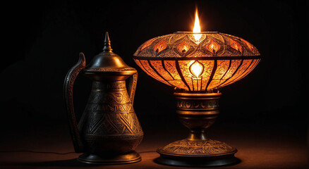 Fototapeta na wymiar Ancient magical lamp in isolated black background with its magic - AI Generative