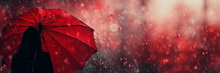 Fashionable woman with red umbrella in rain, ideal copy space for your message or design
