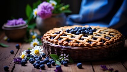 Homemade blueberry pie on rustic wooden background, a delectable treat for any occasion
