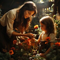 Mother and daughter doing gardening, mother teaching her daughter to plant seedlings in pots - obrazy, fototapety, plakaty