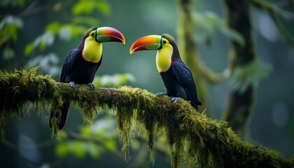 Colorful toucan birds perched on a branch in the lush green forest with blurred defocused background