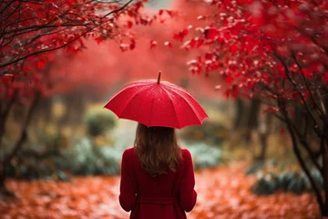 Fotobehang Elegant woman with red umbrella in rain, perfect for creative use with generous copy space © Ilja