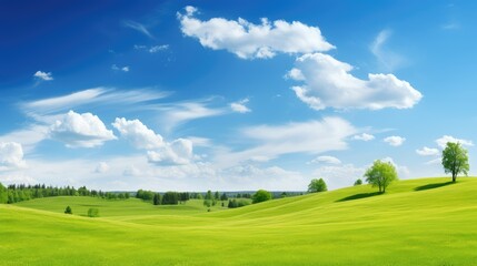 Fototapeta premium Sky and grass background, fresh green fields under the blue sky in spring