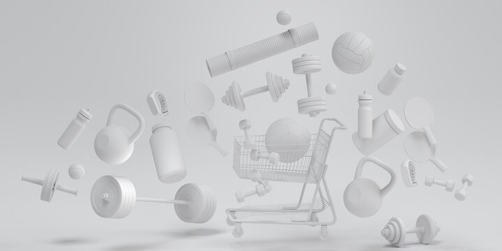 Sport equipment for fitness, gym in shopping cart on monochrome background