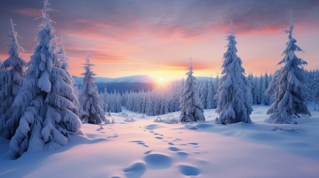 Winter landscape wallpaper with pine forest covered with snow and scenic sky at sunset