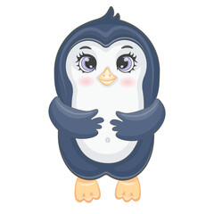Cute penguin baby character cartoon design, 3D, isolated on white background. Cute animal for cards, invitations, posters, banners, children's books. Vector illustration, eps.