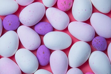 Oval egg shape candies on a pink background - flat lay