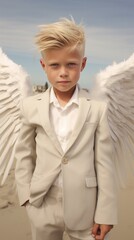 A young boy in a linen suit with white angel wings, exuding happiness on the beach. Generative AI.