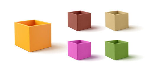 Multicolored open empty 3D boxes. For advertising and selling gifts, various goods, products, and home delivery. Set of boxes on a white background.