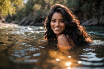 Radiant young woman by the river, donning a swimsuit, curly brown hair, and an infectious smile. Nature's beauty in every detail. AIGenerated.
